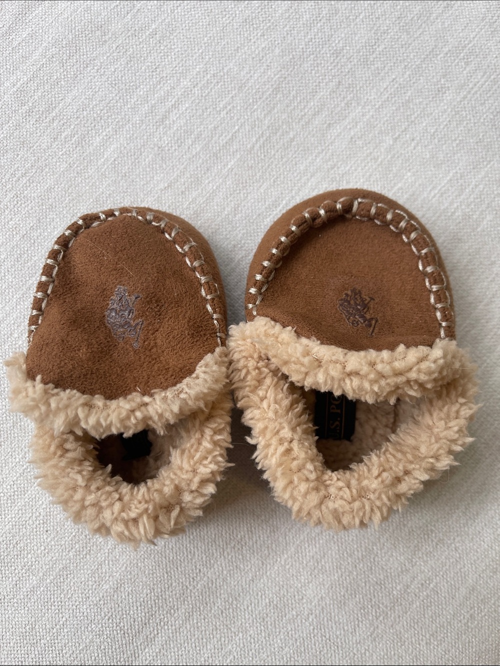 U.S. Polo Assn. Kids Brown Faux-Suede Moccasin Slippers with Shearling Trim